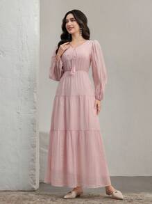 Graceveil Lightweight & Flowing V-Neck Lantern Sleeve Swing Dress, Arabic Style,Modest - Pink - View 7