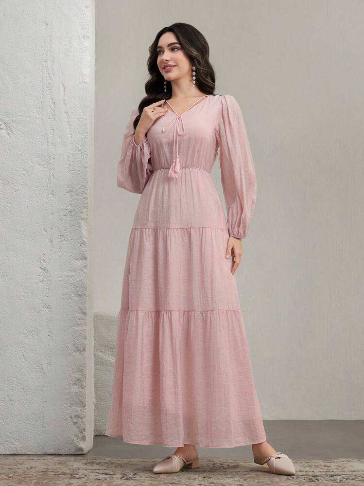 Graceveil Vestido amplio de manga farol y cuello en V, de estilo árabe, modesto y de fluido ligero - Rosa - Añade 7