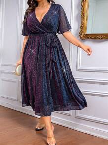 SHEIN Clasi Celure 加大码女式深 V 蕾丝花边亮片不对称喇叭袖派对长裙 - 彩色 - 查看 7