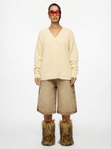 SUMWON WOMEN Luxurious Fuzzy Knit Button-Front Cardigan Sweater, Cozy Oversized V-Neck Winter Loungewear, Plush Warm Holiday Season Essential