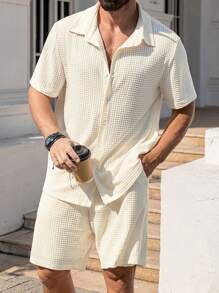 Manfinity Homme Plus Size Men's Front Button Short Sleeve Casual Shirt And Shorts Set