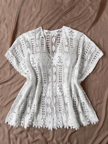 Flirla Plus Size Boho V-Neck Flare Sleeve Hollow Out Knitted Casual Elegant Retro Top, For Summer - White - View 4