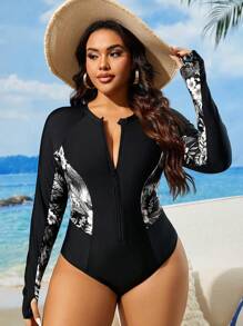 Swim SPRTY Plus Size One-Piece Swimsuit, Casual And Fashionable For Everyday Wear For Summer Beach Vacation - Black and White - View 7