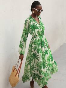 Aveloria Modichic Elegant Party Dress With Floral Print, Chiffon Fabric, Puff Sleeve, High Waist, Maxi A-Line Silhouette, Ruffle Hem Design For Women Fall Cloth For Women