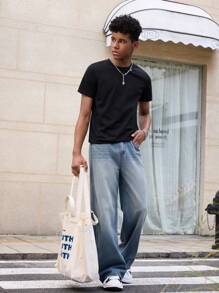 SHEIN 青少年男孩休闲时尚柔软舒适混合酷炫休闲基础蓝色宽松男孩牛仔裤适合日常穿着和返校男孩服装 - 藍色 - 查看 6