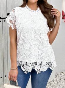 SHEIN Clasi Plus Size Women's White Solid Stand Collar Short Sleeve Simple Elegant Lace Shirt, Casual Holiday Wear, Exquisite Romance, Women's Holiday Wear, Women's Summer Wear, Women's Business Casual Wear, Women's Going Out Tops, Women's Office Wear, Women's Spring Wear, Holiday, Old Money, White Tops, White Shirt, White Tops, Women's Short Sleeve Tops, Lace Tops, Women's Elegant Tops, Women's Modest Wear, Spring Break, St. Patrick's Day Shirt - White - View 4