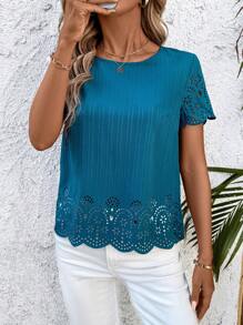 SHEIN Clasi Women Casual Burnout Round Neck Short Sleeve Shirt, Spring/Summer