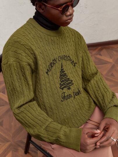 AKNOTIC Party Suéter holgado de cuello redondo con estampado de árbol de Navidad y texto de saludo para hombres, adecuado para otoño/invierno, Navidad, Año Nuevo, de punto de cable rojo
