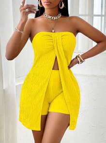 SOLERSUN 纯色扭纹前开叉绿色露肩上衣和短裤套装，采用纹理面料设计，适合居家休闲、海边度假、海滩旅行 - 黃色 - 查看 5