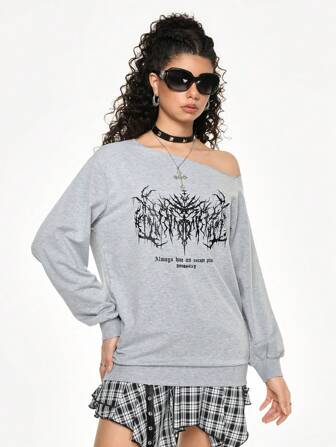 Grunge Punk Felpa da donna con spalle scoperte e stampa con slogan punk