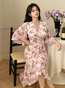 DAZY Women Midi Floral V-Neck Ruffle Hem Dress Prom Dress Elegant Women Dresses - Red - View 6