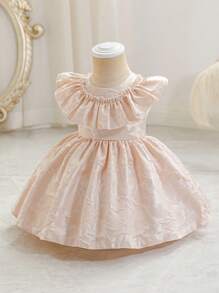 SHEIN Glamorique Kids Robe élégante pour bébé fille, de couleur champagne en jacquard, robe de princesse pour soirée de gala du 1er anniversaire de bébé avec garniture de volants