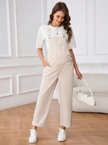 SHEIN 孕妇装口袋休闲直筒牛仔工装裤 - 杏色 - 查看 4