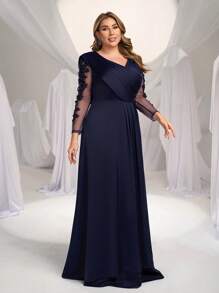 SHEIN Belle Vestido largo de noche elegante, lujoso y vintage con manga larga, cuello en V con aplicaciones, plisado y ajustado para tallas grandes - Vestido de fiesta, para invitada de boda, vestido de noche