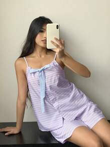DAZY 2 件套女士套装 - 条纹系带蝴蝶结装饰吊带背心和短裤睡衣 - 紫色 - 查看 7