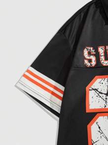 ROMWE MEN Prep 男士纯色拼布短袖印花休闲 Polo 衫 - 黑色 - 查看 4