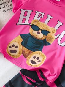 Set de 2 piezas con Camiseta de cuello redondo cómoda con estampa de letra Hello del pequeño oso y Pantalones cargo con estampado de camuflaje de moda para niña joven en verano - Multicolor - Ver 3
