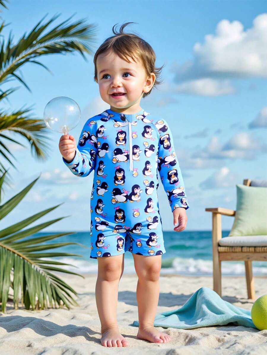 Baby Boy Cute Cartoon Penguin Print Front Zipper Swimsuit, Baby Boy Long Sleeve Beach Outfit, Suitable For Summer Beach, Holiday - Multicolor - View 1