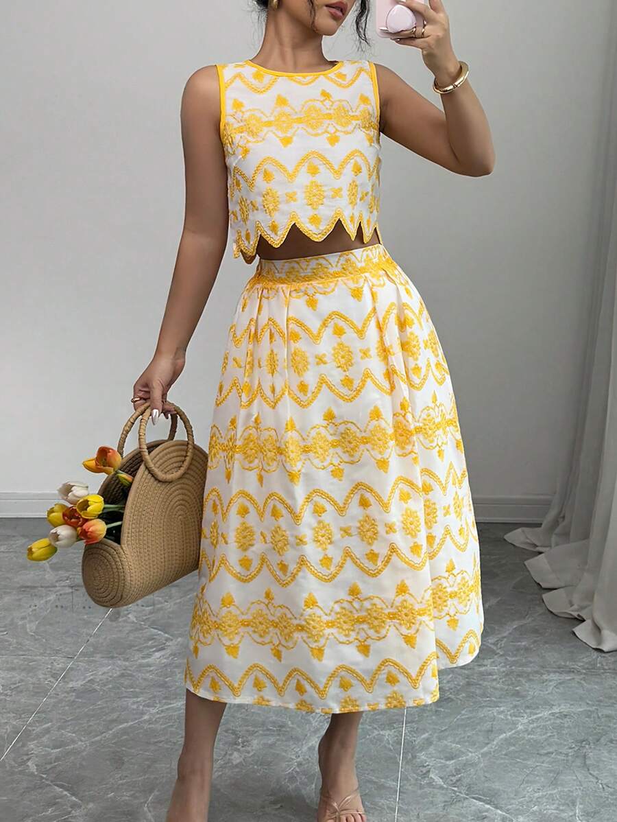 Rafferiza مجموعة من 2 قطعة للنساء، بدلة سترة وتنورة كاجوال منطرزة للعطلات