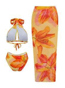 Swim Oasis Conjunto de 3 piezas de traje de baño para mujeres: Top de cuello halter cruzado con estampado, Bottom de natación de cintura alta, vestido largo de playa con estampado floral