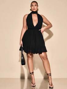 SHEIN BAE 大码女式优雅性感黑色雪纺 V 领露背 A 字迷你连衣裙，适合婚礼、派对、夜间外出