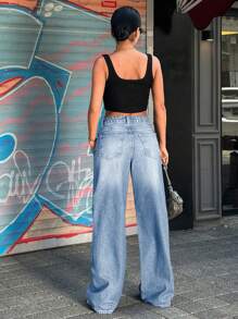 RueChic 100% 纯棉复古低腰皮革贴片阔腿牛仔裤