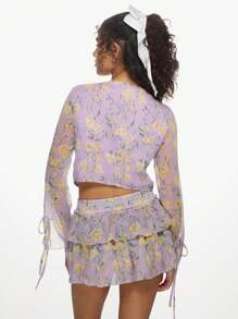 MISSGUIDED Floral Print Ruffle Two-Piece Set Chiffon Long Sleeve Mini Dress Spring Summer Party Festival Boho Co-Ord Set With Tie Details - Multicolor - View 2