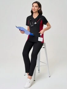 TaskEZ 2pcs Contrast Color Scrub Top And Pants Scrub Uniform Set - Multicolor - View 3