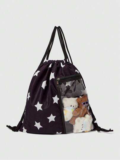 Kawaii Mochila de cordón con capacidad grande y estampado de estrellas para mujer, ideal para uso diario