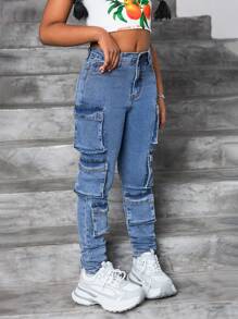 SHEIN Tween Girls Y2K Stonewashed Spring Summer Break Boho Flared Denim Jeans With Pleats And Flap Pocketm Stacked Jeans With Cargo Pockets, Summer Beach Concert Rave Festival Streetwear - Medium Wash - View 3