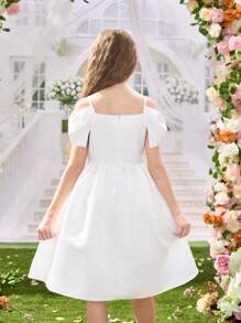SHEIN Robe bouffante à bretelles en forme de nœud élégante et princière pour jeunes filles, convient pour les fêtes, les rassemblements familiaux, les vacances, la saison des mariages, le printemps/l'été - Blanc - Voir 2