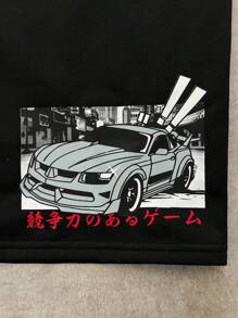 Set de 2 piezas de camiseta de manga corta holgada de cuello redondo y shorts de punto con estampado de coches, para niños preajolescentes, de uso versátil y cómodo, para vacaciones