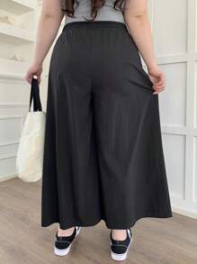 Dazy Plus 加大码弹性腰部纯色阔腿七分裤，商务休闲，四季秋季 - 黑色 - 查看 2