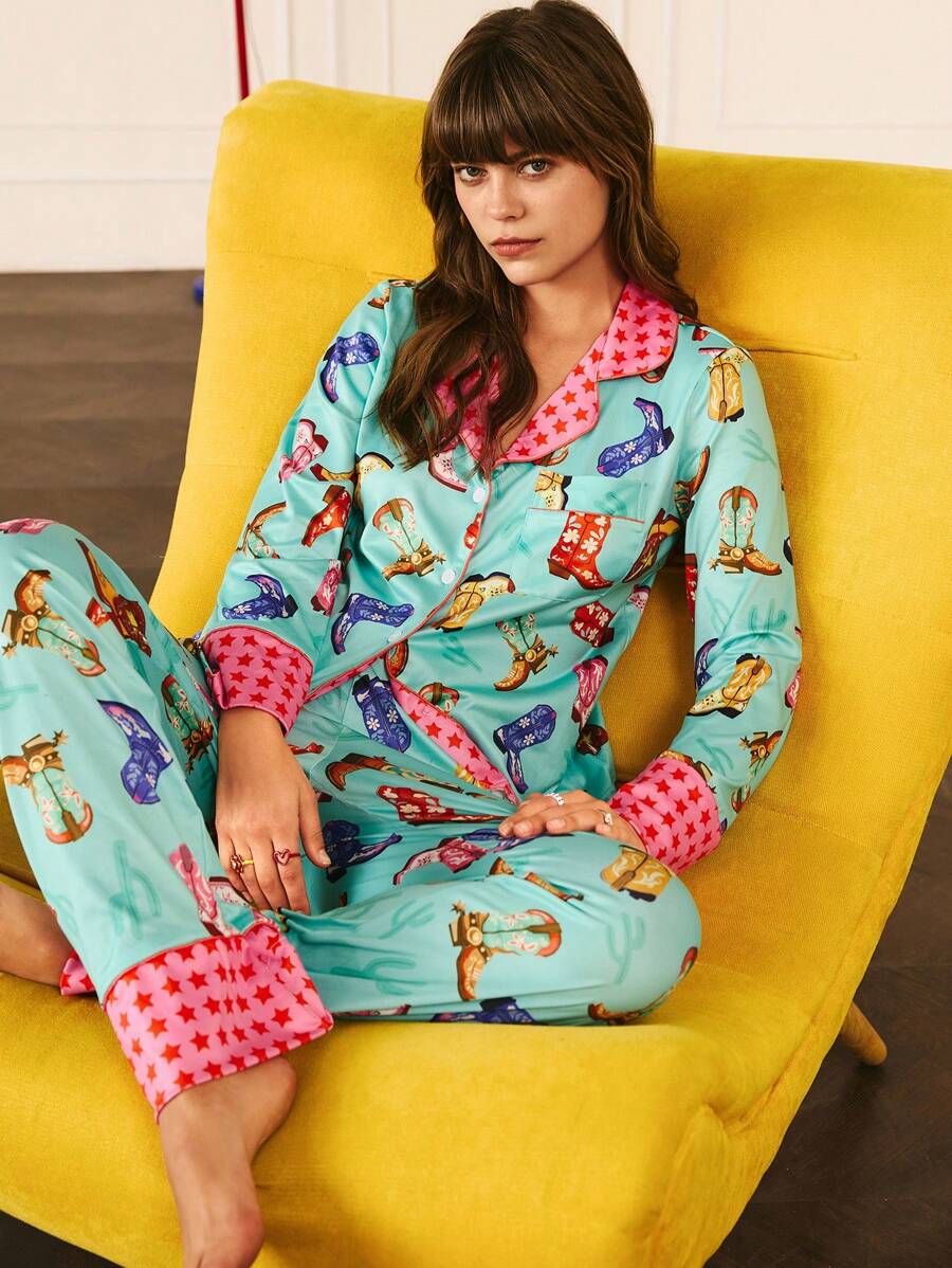Chillnights Western Cowgirl Boots & Star Print Fashion Women Pajama Set Holiday Season, Fall Winter Clothes - Multicolor - View 1