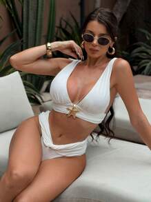 Swim Vcay Women's Solid Color High Waist Front Twist Special Crafted Sexy Bikini Bottom - White - View 7