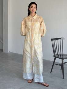 FRIFUL Women's Floral Print Puff Sleeve Oversized Extra Long Shirt Long Sleeve Top - Apricot - View 7