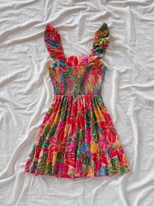 Soleia 女士热带花卉印花休闲宽松连衣裙，宽肩带海滩度假装女士春夏装西部音乐节波西米亚假日波西米亚风 - 彩色 - 查看 2