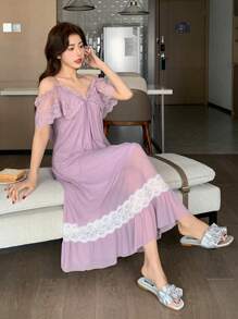 DAZY Romantic Patchwork Waist Exposed Shoulder Women Nightgown