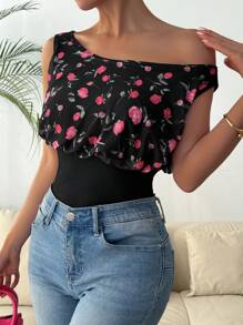 Chiquease Women's Contrast Bouquet Pattern Off Shoulder Slim Fit T-Shirt - Multicolor - View 1