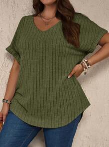 EMERY ROSE Áo thun nữ cỡ lớn cổ chữ V trơn tay cánh dơi, chất liệu gân, kiểu dáng thường ngày, thích hợp mặc mùa hè đi biển. - xanh quân đội - Xem 4