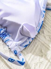 SHEIN Tween Girls Ditsy Floral Halter Neck Skirted Bikini Set With Mesh Cover-Up 3-Piece Beach Summer Set - Blue - View 3