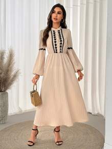 SHEIN LUNE Stand Collar Button Half-Open Sleeve Lace-Paneled Elastic Waist Flare Hem Casual Beach Vacation Elegant Midi Dress, Ribbed Fabric