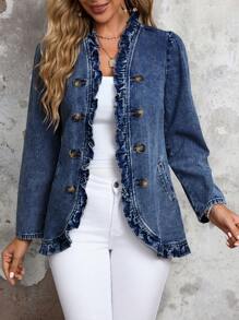 EMERY ROSE 女式秋季长袖双排扣荷叶边牛仔夹克