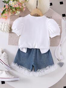 SHEIN Young Girl Knitted Short Sleeve Puff Sleeve Top With Pearl Bow Design, Fashion T-Shirt, Denim Shorts, White Mesh Floral Trim, Stylish Summer Outfit