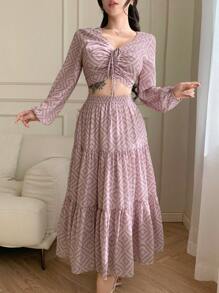 DAZY 2pcs Set Bohemian Style V-Neck Drawstring Blouse And Elastic Waist Mid-Length Skirt