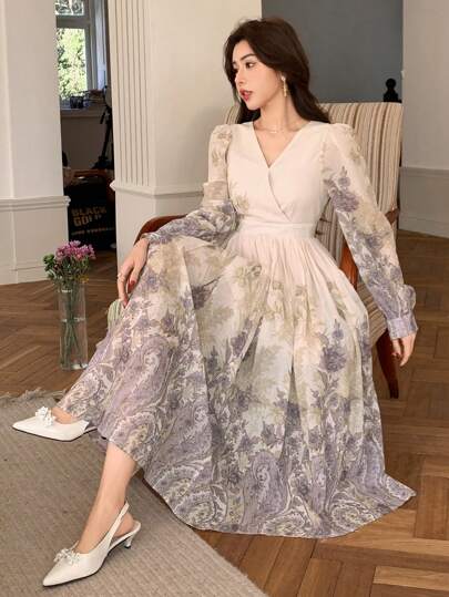 DAZY 优雅印花V领连衣裙，春季优雅荷叶边连衣裙，适合婚礼、秋季穿着，长袖，复活节长款连衣裙