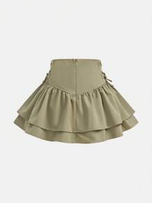 SHEIN Girlism Chân váy hai lớp dáng suông cho bé gái, có bèo nhún ở gấu và dây buộc bên hông, rất phù hợp để mặc thường ngày, đi học vào mùa thu và đông, mẹ và con gái có thể mặc ton sur ton, chị em gái có thể mặc ton sur ton. - màu xanh lá - Xem 2