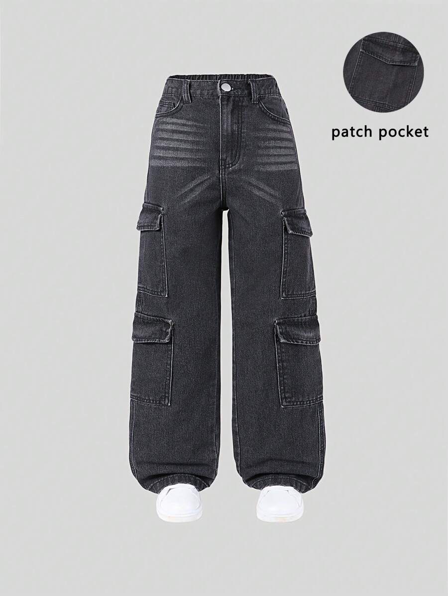 SHEIN Tween Girls' Y2K Streetwear Style Multi-Pocket Drawstring Waist Faded Light Blue Cargo Denim Jeans - Black - View 1
