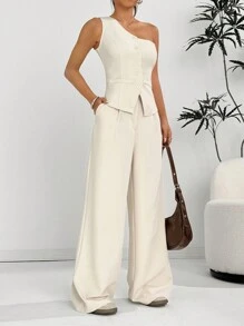 SHEIN EZwear Set de 2 piezas: Chaleco beige de una hilera y pantalón largo - Albaricoque - Ver 6