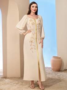 Al Najma 杏色手工缝制串珠腰裙，适合节日派对、阿拉伯连衣裙、端庄的长袍 - 杏色 - 查看 4